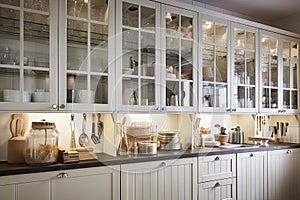 a wall of cabinets and cupboards with clear glass doors for easy access to items