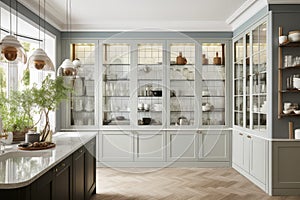 a wall of cabinets and cupboards with clear glass doors for easy access to items