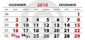 Wall calendar 2018 for december, week start from sunday.