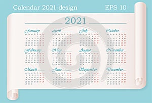 Wall calendar 2021 template on parchment. 12 months.