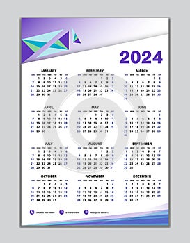 Wall calendar 2024 template, desk calendar 2024 design, Week start Sunday, business flyer, Set of 12 Months, Week starts Sunday,