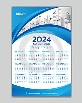 Wall calendar 2024 year blue template vector with Place for Photo and Logo. Week Starts on sunday. desk calendar 2024 design, Set