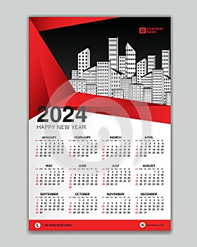Wall calendar 2024 year red polygon template vector with Place for Photo and Logo. Week Starts on sunday. desk calendar 2024