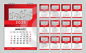 Wall calendar 2025 in red graphic style, Monthly calendar template for 2025 year, Week Starts on Sunday, desk calendar 2025