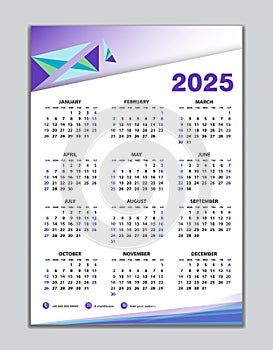 Wall calendar 2025 template, desk calendar 2025 design, Week start Sunday, business flyer, Set of 12 Months, Week starts Sunday,