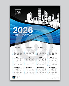 Wall calendar 2026 year blue wave template vector with Place for Photo and Logo. Week Starts on sunday. desk calendar 2026 design