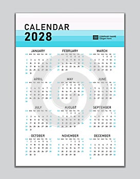 Wall calendar 2028 template, desk calendar 2028 design, Week start Sunday, business flyer, Set of 12 Months, Week starts Sunday,