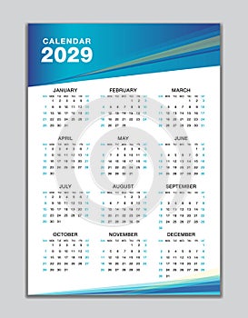 Wall calendar 2029 template, desk calendar 2029 design, Week start Sunday, business flyer, Set of 12 Months, Week starts Sunday,