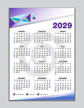 Wall calendar 2029 template, desk calendar 2029 design, Week start Sunday, business flyer, Set of 12 Months, Week starts Sunday,