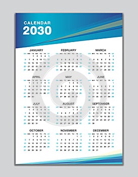 Wall calendar 2030 template, desk calendar 2030 design, Week start Sunday, business flyer, Set of 12 Months, Week starts Sunday,