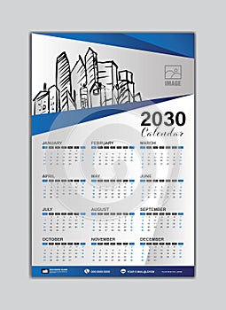 Wall Calendar 2030 template. Week Starts on Saturday. Set of 12 Months for calendar 2030 year. Desk calendar 2030 template.