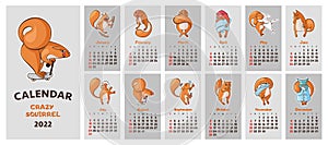 Wall calendar for 2022 crazy squirrel. 12 cartoon squirrels. Week starts on Sunday.