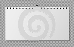 Wall calendar mockup. Blank horizontal calendar front view, empty square white paper pages on spiral hanging on wall