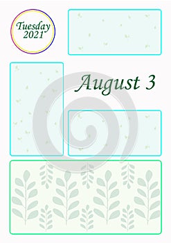 Wall calendar page template with seasonal graphics for month. August summer themed calender page