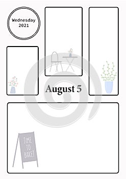 Wall calendar page template with seasonal graphics for month. August summer themed calender page