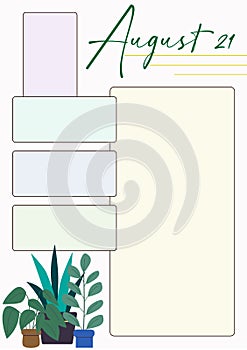 Wall calendar page template with seasonal graphics for month. August summer themed calender page