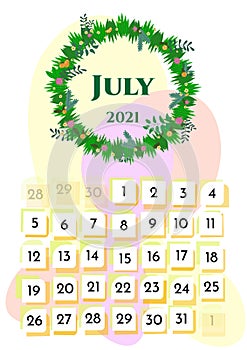 Wall calendar page template with seasonal graphics for month. July summer themed calender page