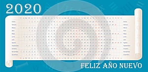 2020 wall calendar in spanish. Happy New Year text in spanish photo