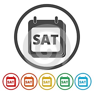 A wall calendar with the word Saturday. Flat colorful buttons for Saturday calendar icon