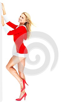 Wall, christmas portrait or model for fashion in studio, smile or festive winter by white background. Woman, california