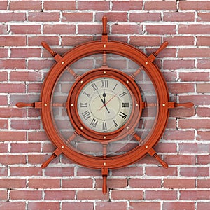 Wall Clock in the Form of Vintage Wooden Ship Steering Wheel. 3d Rendering