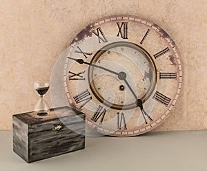 Wall Clock, Hourglass, and Old Box