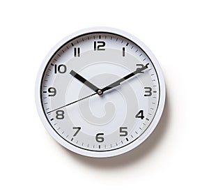 Wall clock isolated on a white background. Round white clock with black hands cutout. Ten minutes past ten. Time control, time