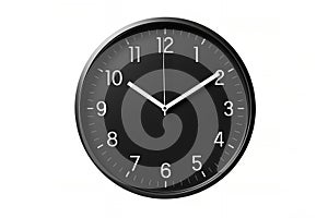 Wall clock with a modern black plastic rim and face, isolated on a white background