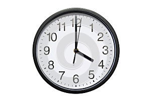 Wall clock shows time 4 o`clock on white isolated background. Round wall clock - front view. Sixteen o`clock