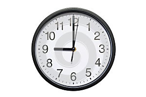 Wall clock shows time 9 o`clock on white isolated background. Round wall clock - front view. Twenty one o`clock