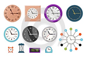Wall clock set in flat design. Vector illustration.