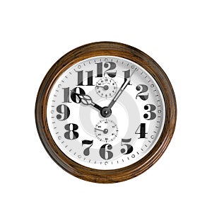 Wall clock with wooden frame isolated on white