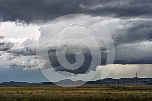 Wall cloud beneath a supercell thunderstorm