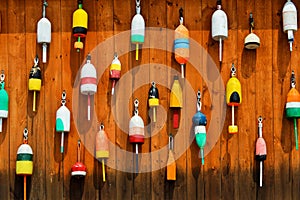 Wall of Colorful Lobster Buoys