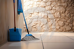Wall companion Mop casually leans against the quiet wall