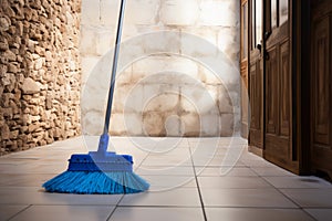 Wall companion Mop casually leans against the quiet wall