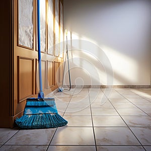 Wall companion Mop casually leans against the quiet wall