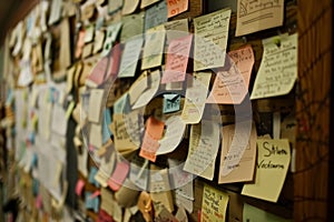 A wall completely covered with a multitude of colorful sticky notes, creating a chaotic yet organized display, A bulletin board