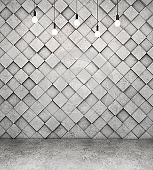 Wall of concrete cubes and concrete floor with light bulbs