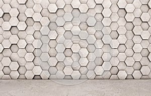 Wall of concrete hexagons and concrete floor.