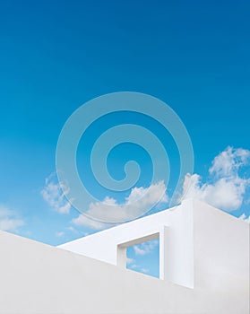 Wall concrete texture with open window against blue sky and clouds, White paint cement building, Ant view Exterior Modern