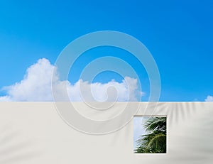 Wall concrete texture with open window and coconut palm leaves against blue sky and clouds,Exterior White paint cement building,