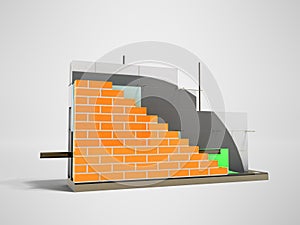 Wall construction masonry with thermal insulation 3d rendering on a gray background