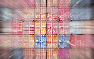 A Wall of Containers Cargo Shipping blurred Background. Handling of Logistic Transportation Industry.