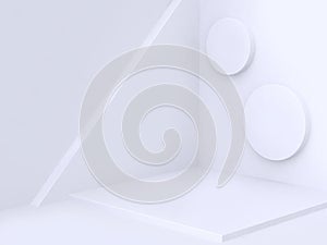 wall corner tilted geometric shape two circle abstract minimal white scene 3d render