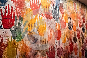 Wall covered in colorful handprints