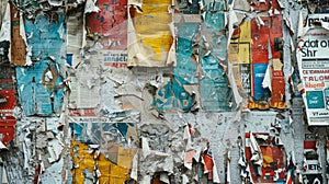 A wall covered in layers of peeling posters and adver creating a chaotic mix of colors and textures. This juxtaposition