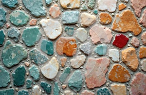 Wall covered with multicolor irregular tiles and stone chips. Small rough blocks form art textured surface. Light grey cement