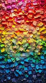 Wall covered in vibrant multicolored sticky notes creating a chaotic yet organized pattern symbolizing brainstorming