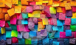 Wall covered in vibrant multicolored sticky notes creating a chaotic yet organized pattern symbolizing brainstorming